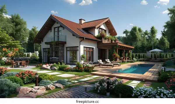 A beautiful house with a pool and a garden