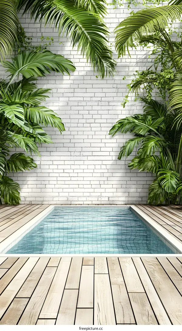 Tropical Swimming Pool with Brick Wall Background