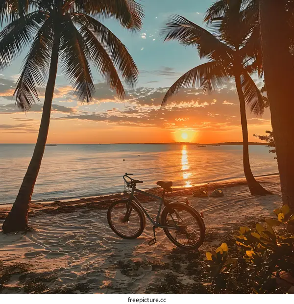 Sunset Beach with Palm Trees and Bicycle
