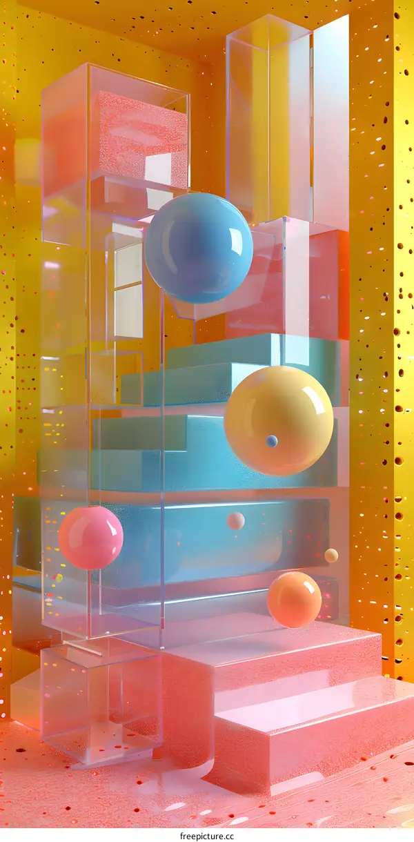 Pink and blue geometric shapes with floating spheres