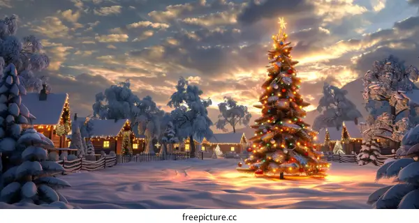 Snowy Christmas Village with Decorated Tree