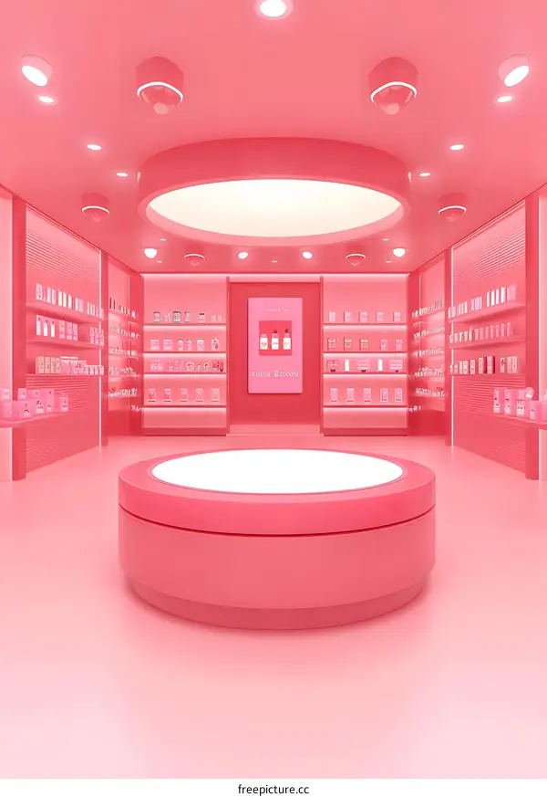 Pink Minimalist Store Interior Design With Round Pedestal And White Ceiling