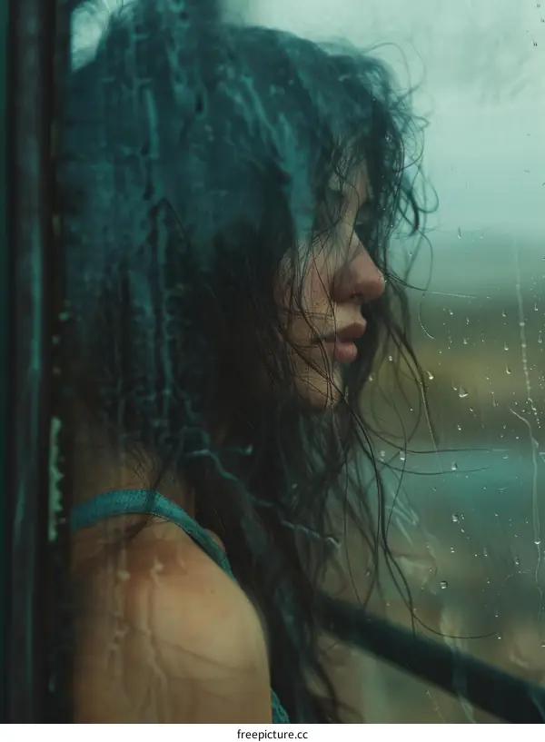 A young woman with long dark hair looks out a rain-streaked window