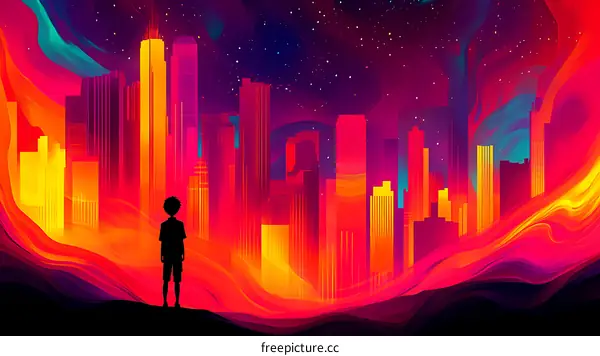 Abstract Cityscape with Child Figure