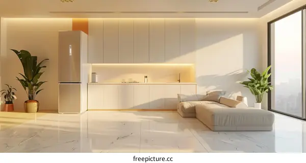 Bright Minimalist Apartment Interior with White Walls and Large Windows