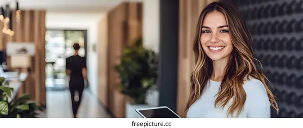 Smiling Woman Holding Tablet in Modern Office