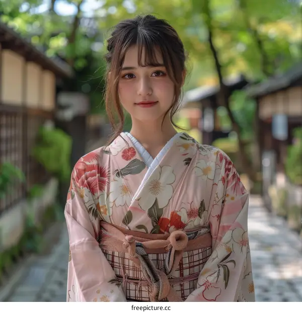 Asian Woman in Traditional Japanese Kimono in a Japanese Town