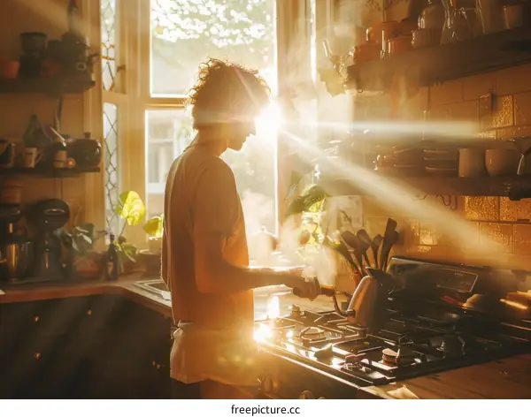 Man making coffee in the morning sunlight