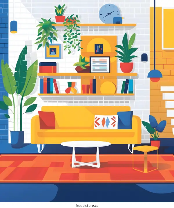 Modern Living Room Interior Design with Yellow Sofa and Plants