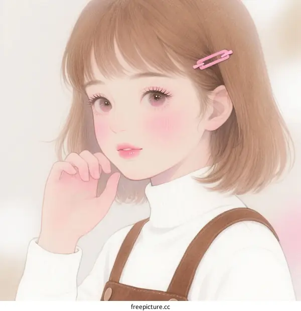 A Young Girl with Short Hair and Pink Hairpin Wearing White Turtleneck
