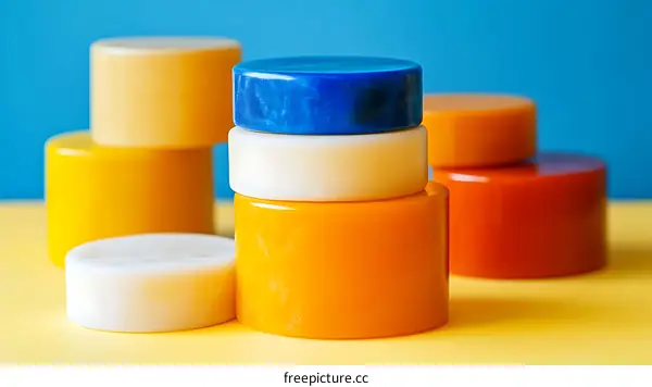 Colorful Cylindrical Objects on a Yellow Background