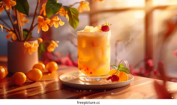 Refreshing summer drink with orange and raspberry