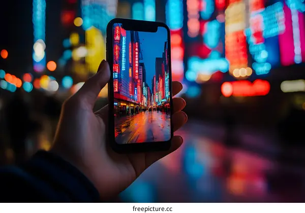 Hand Holding Smartphone with Night City View