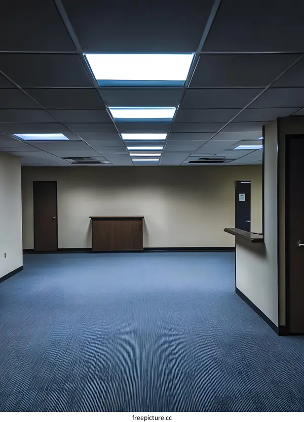 Empty Office Space with Light Fixtures and Dark Blue Carpet