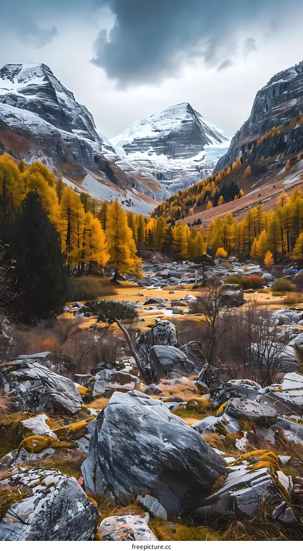 Mountain Valley Autumn Landscape With Rocks And Stream
