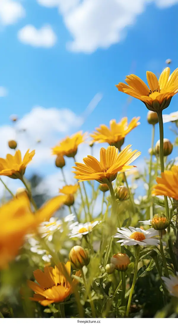 Yellow and white daisies in a field under a blue sky