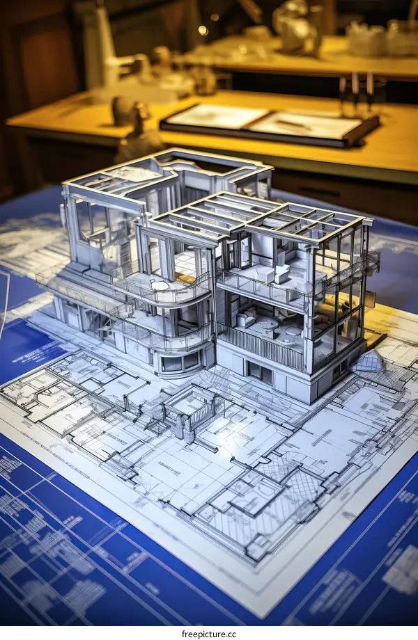 A 3D model of a house on top of a blueprint