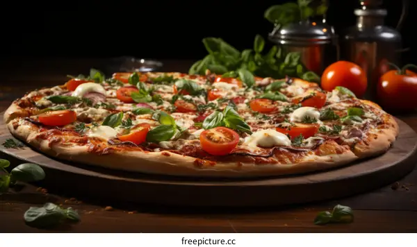 A delicious pizza with tomatoes, basil, and mozzarella cheese