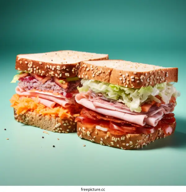 Two halves of a sandwich with various fillings on a green background