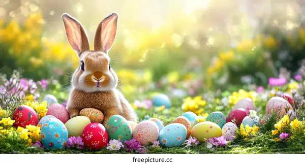 Adorable Easter Bunny Surrounded by Colorful Eggs in a Spring Meadow