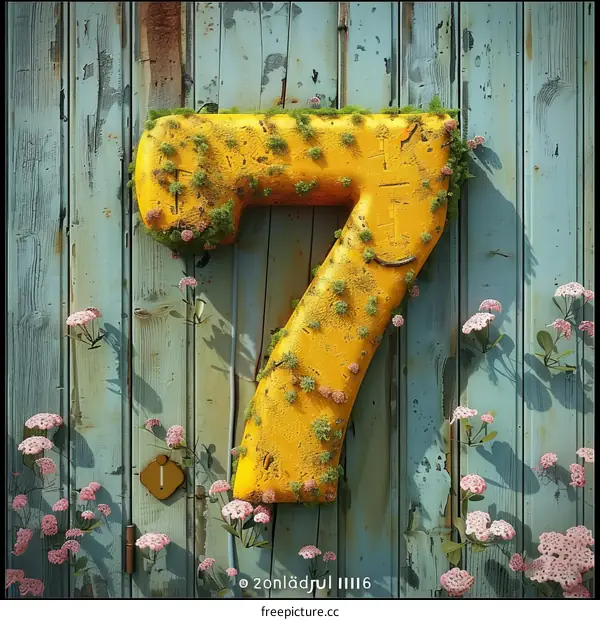 Yellow Rusty Number Seven Covered with Moss and Flowers