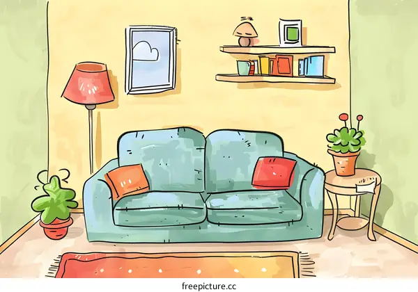 Hand Drawn Illustration Of Cozy Living Room With Sofa, Plants, Lamp And Shelf