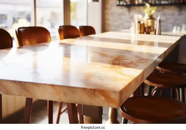 An empty restaurant with sunlight shining through the window
