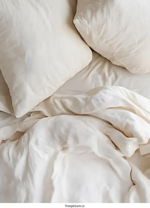 White Bedding With Crumpled Sheets And Pillows