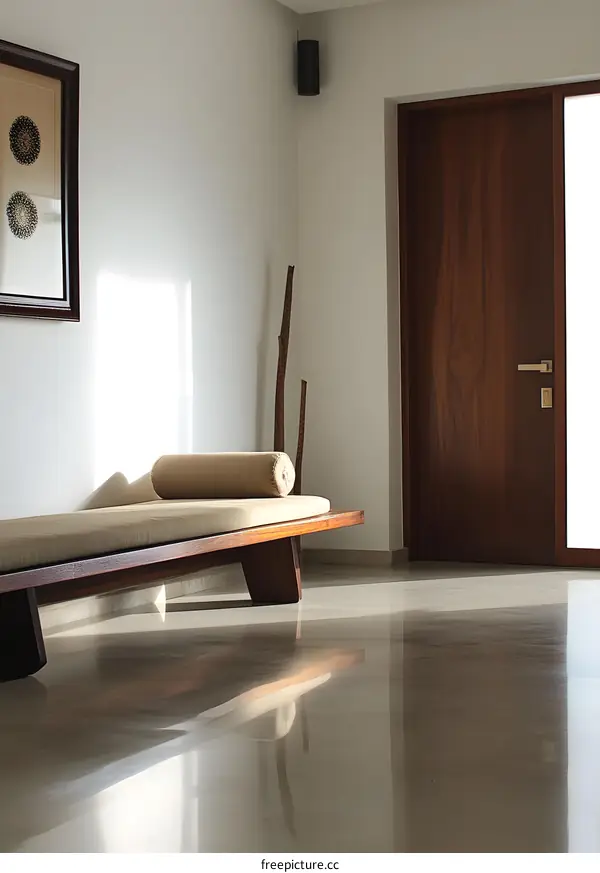 Modern Minimalist Interior Design with Wooden Bench and Floor