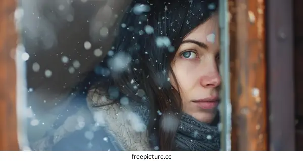 Blue-eyed girl looking through a snowy window