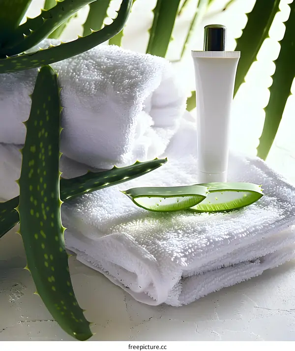 Aloe Vera Plant With White Towels And Cream Tube