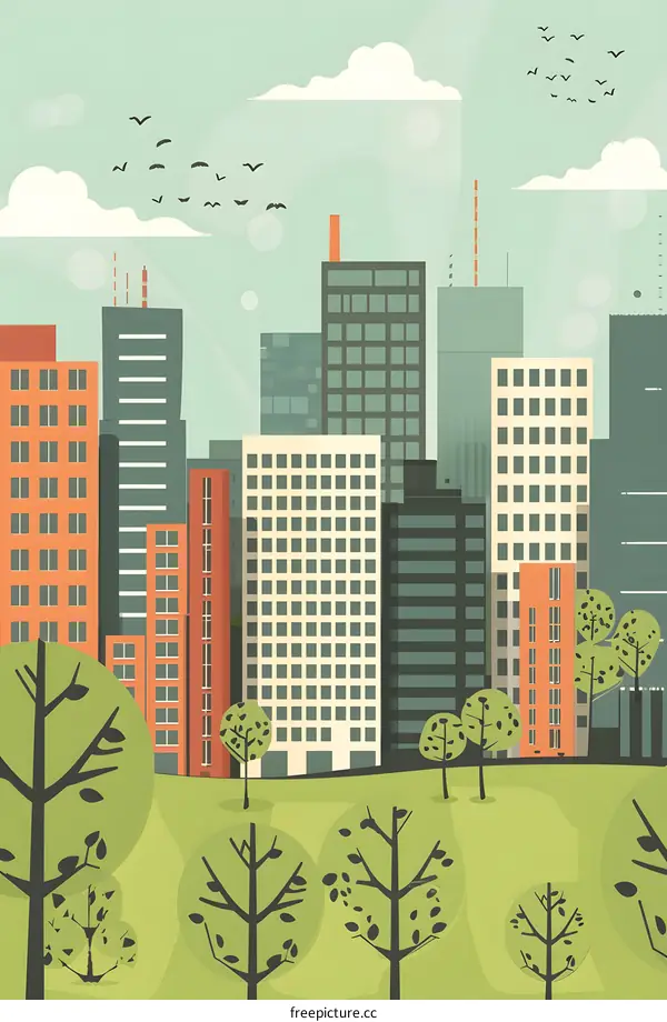 Green Cityscape with Birds Flying in the Sky