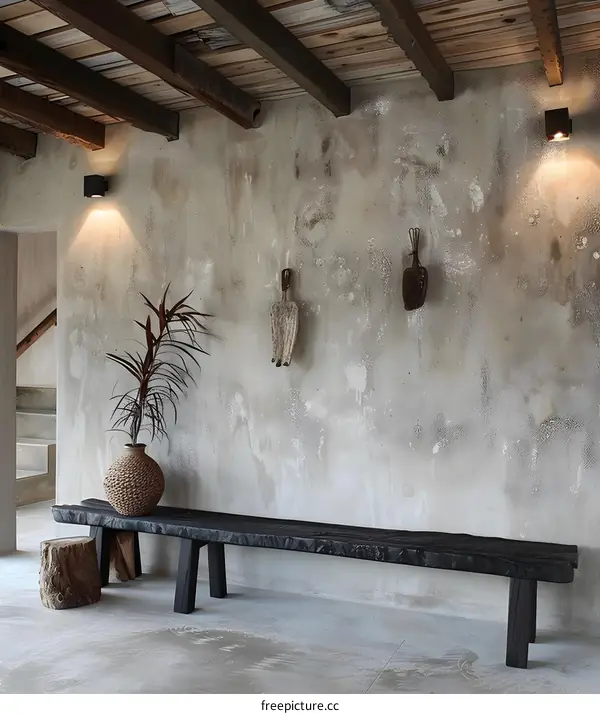 Rustic Wooden Bench with Wall Lights and Plants