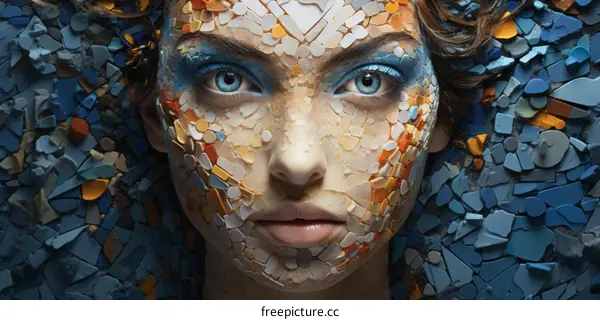 A mosaic portrait of a woman with blue eyes