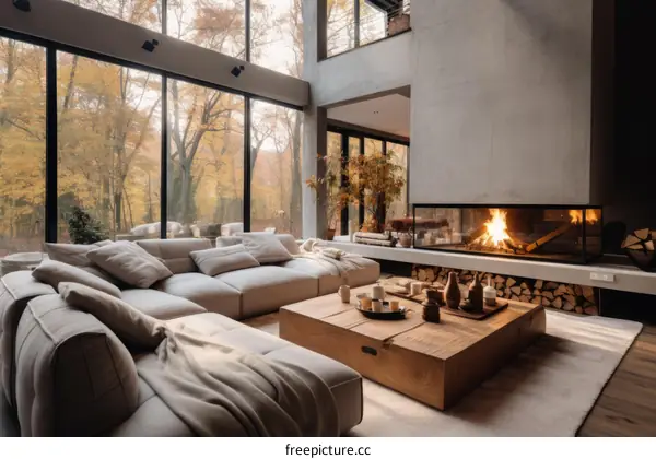 Modern living room interior with fireplace and large windows overlooking autumn forest