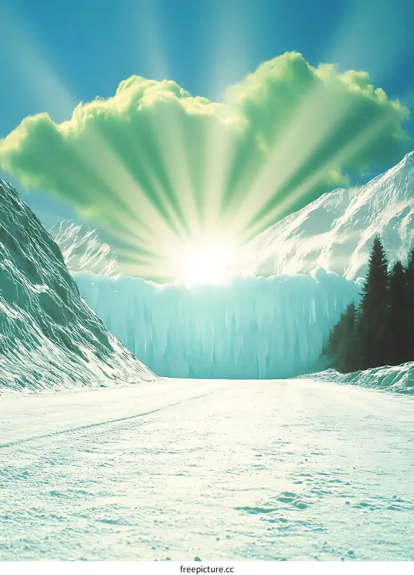 Winter Landscape with Snow Covered Mountains and Sun Rays