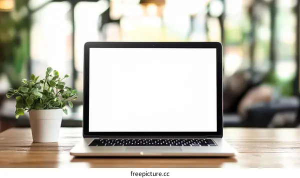 Laptop on Wooden Table with Plant Mockup