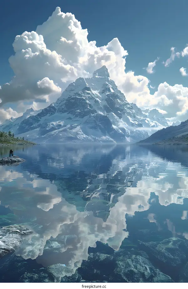 A beautiful landscape with a mountain and a lake reflecting the sky