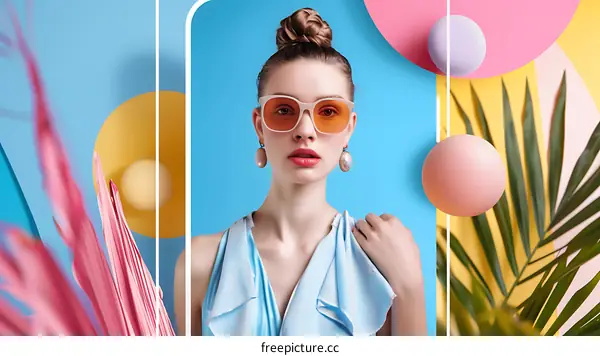Woman With Orange Sunglasses Posing With Palm Leaf and Colorful Geometric Shapes