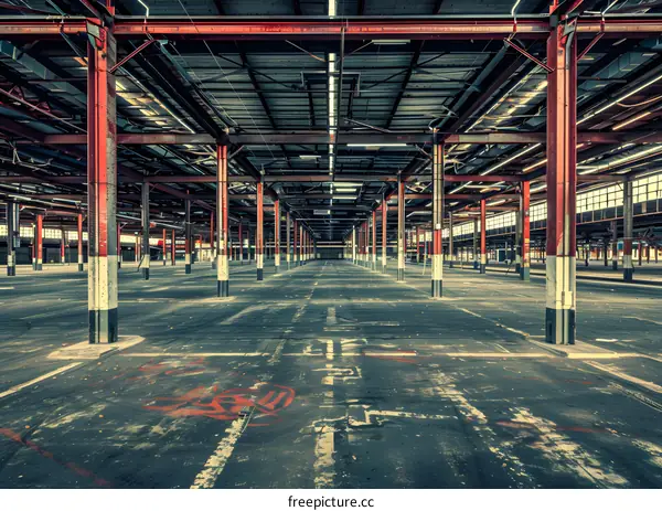 Abandoned Industrial Building Interior With Red Pillars