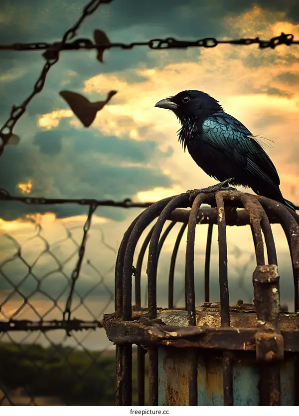 Black Bird Perched On Rusty Cage In Front Of Chain Link Fence