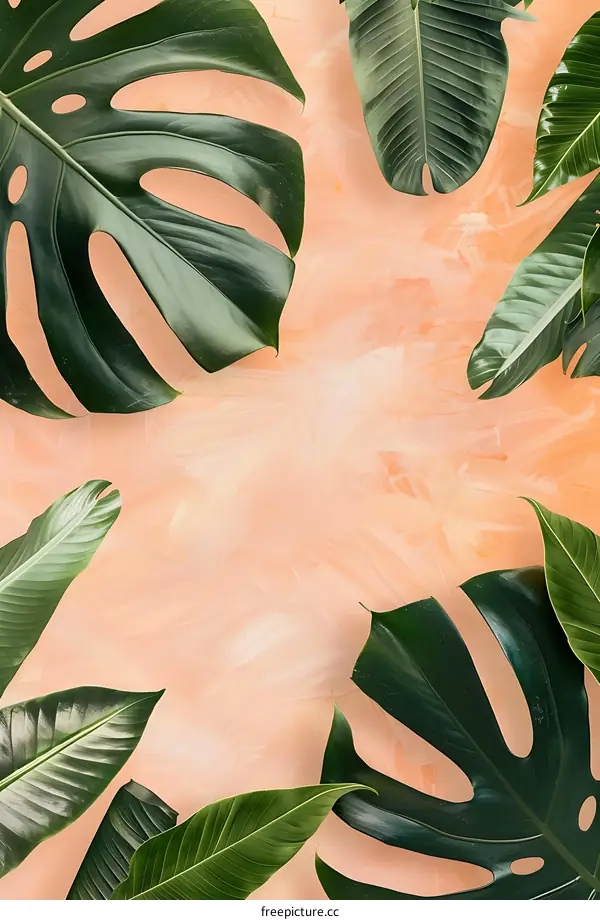 Tropical Leaves Background with Peach Color