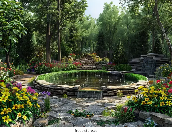 Colorful Garden with Pond, Flowers and Trees