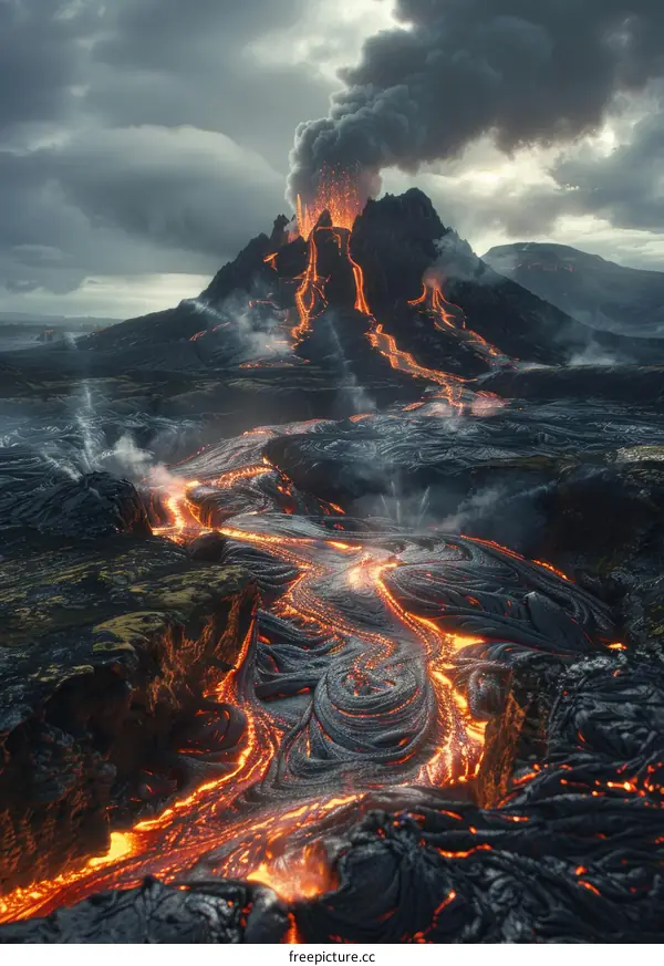 Lava Flowing Down a Mountainside During a Volcanic Eruption