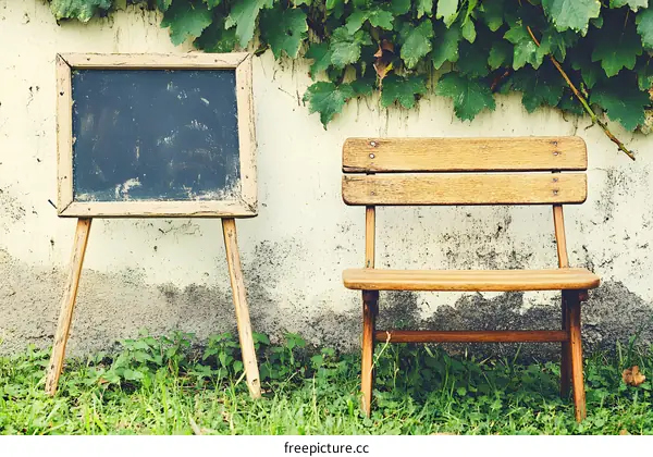 Vintage Chalkboard and Wooden Chair Against Rustic Wall