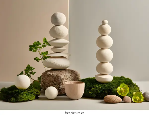 Stacking Stones and Wooden Balls with Green Moss