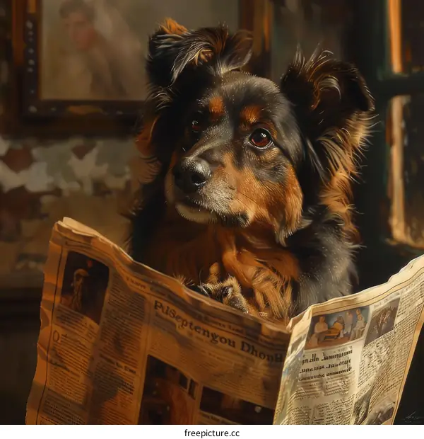 A dog is reading a newspaper.