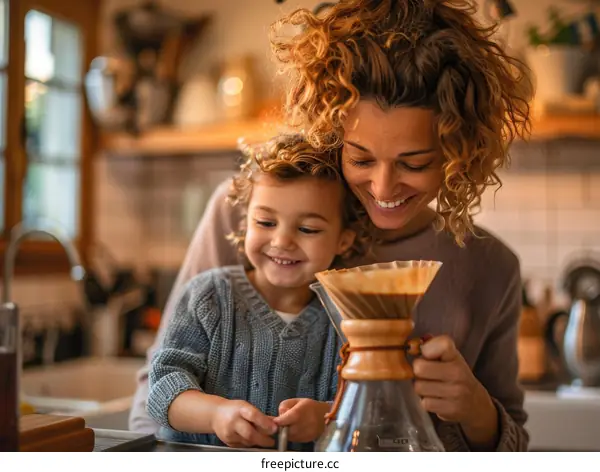 Mother and daughter making coffee together in the kitchen