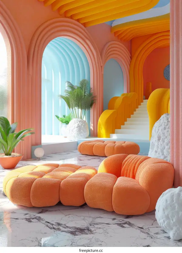 Orange and blue pastel surreal interior design