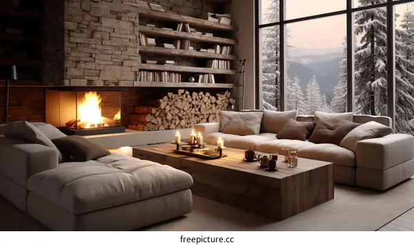Modern Living Room Interior With Fireplace and Comfortable Sofa